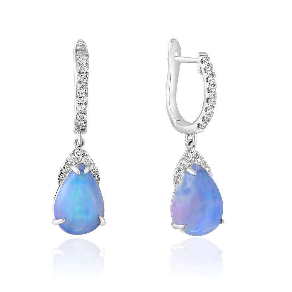 14K White Gold 2.27ctw Pear Shaped Opal & Diamond Drop Earrings