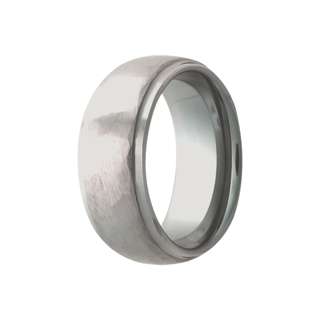 8mm Tungsten Dome Step Edge Men's Wedding Band - Hammer Finish Design by Heavy Stone Rings