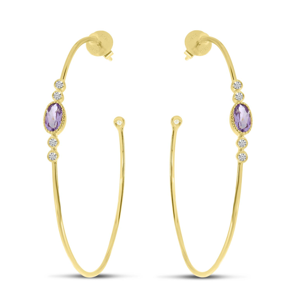 14K Yellow Gold Oval Amethyst & Diamond Hoop Earrings