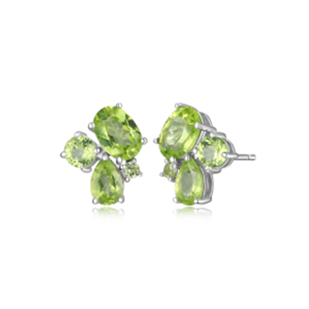 Sterling Silver Rhodium Plated Peridot Cluster Stud Earrings