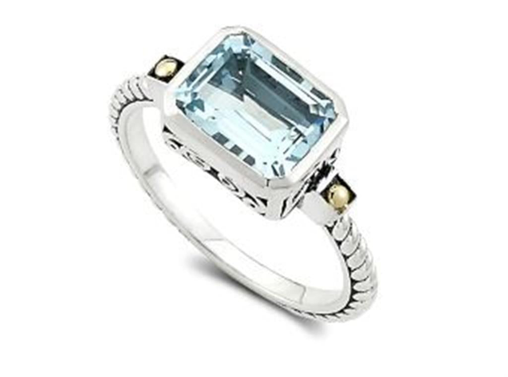 Sterling Silver & 18K Yellow Gold Emerald Cut Aquamarine Solitaire Ring by Samuel B.