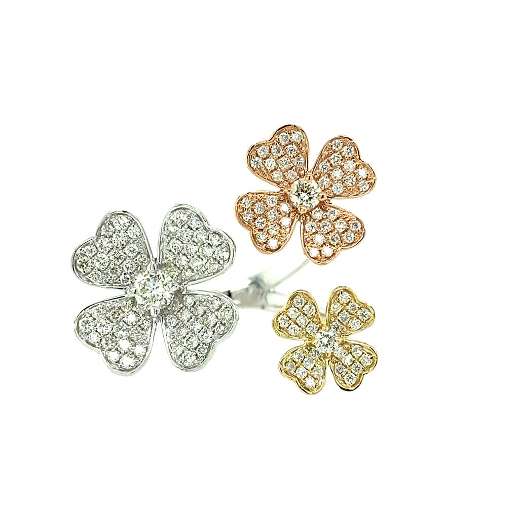 14K Three Tone Gold 0.95ctw Round Diamond Flower Ring