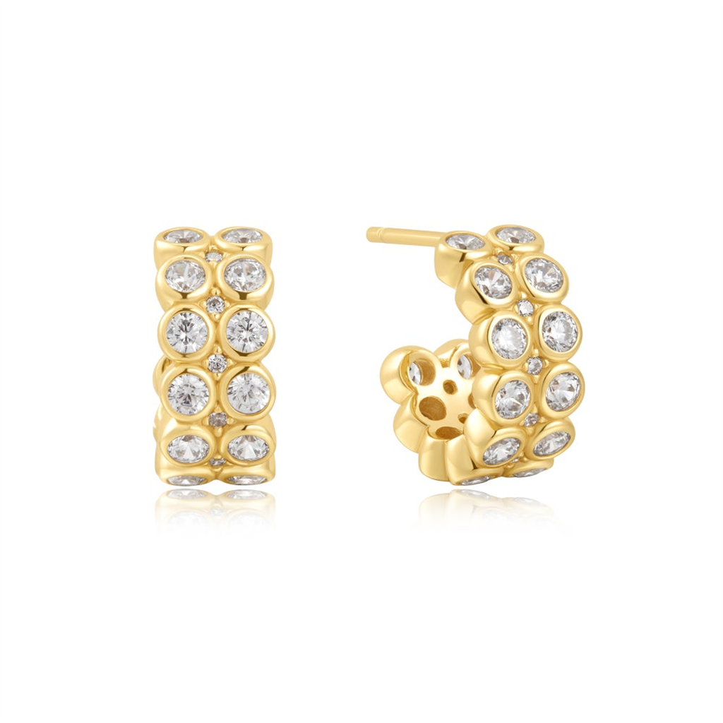 Gold Plated Cubic Zirconia Double Row Huggie Hoop Earrings by Ania Haie