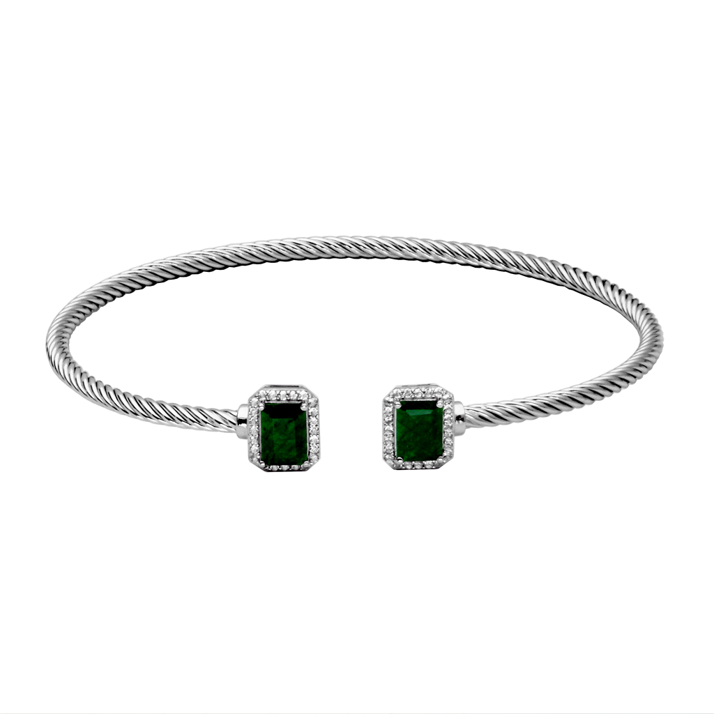 Sterling Silver Emerald Cut Dyed Green Corundum & White Topaz Cuff Bracelet by Samuel B.