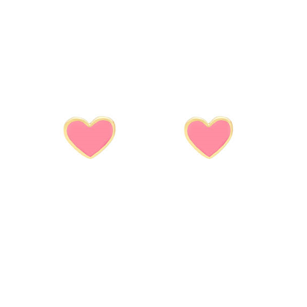 14K Yellow Gold Pink Enamel Heart Petite Stud Earrings