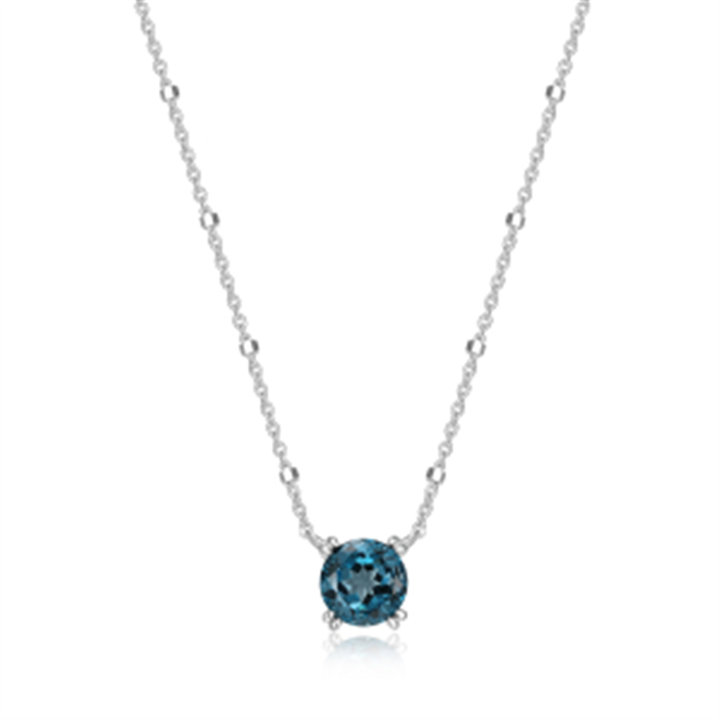 Sterling Silver Rhodium Plated Round London Blue Topaz Sparkle Solitaire with 18" Chain