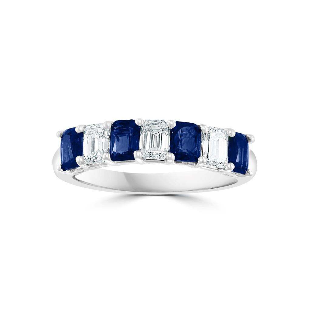 14K White Gold 1.69ctw Emerald Cut Blue Sapphire & Diamond Band