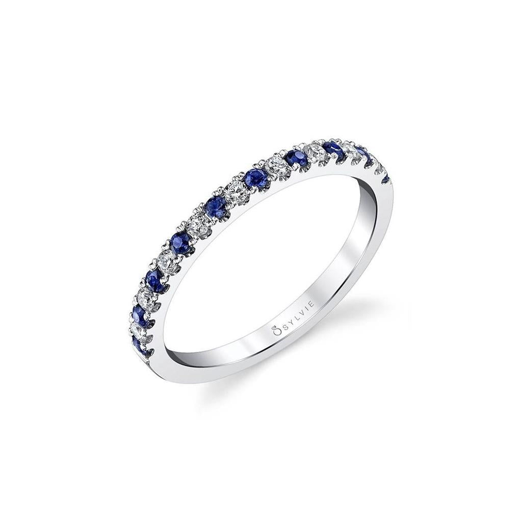 14K White Gold 0.36ctw Blue Sapphire & Diamond Alternating Wedding Band