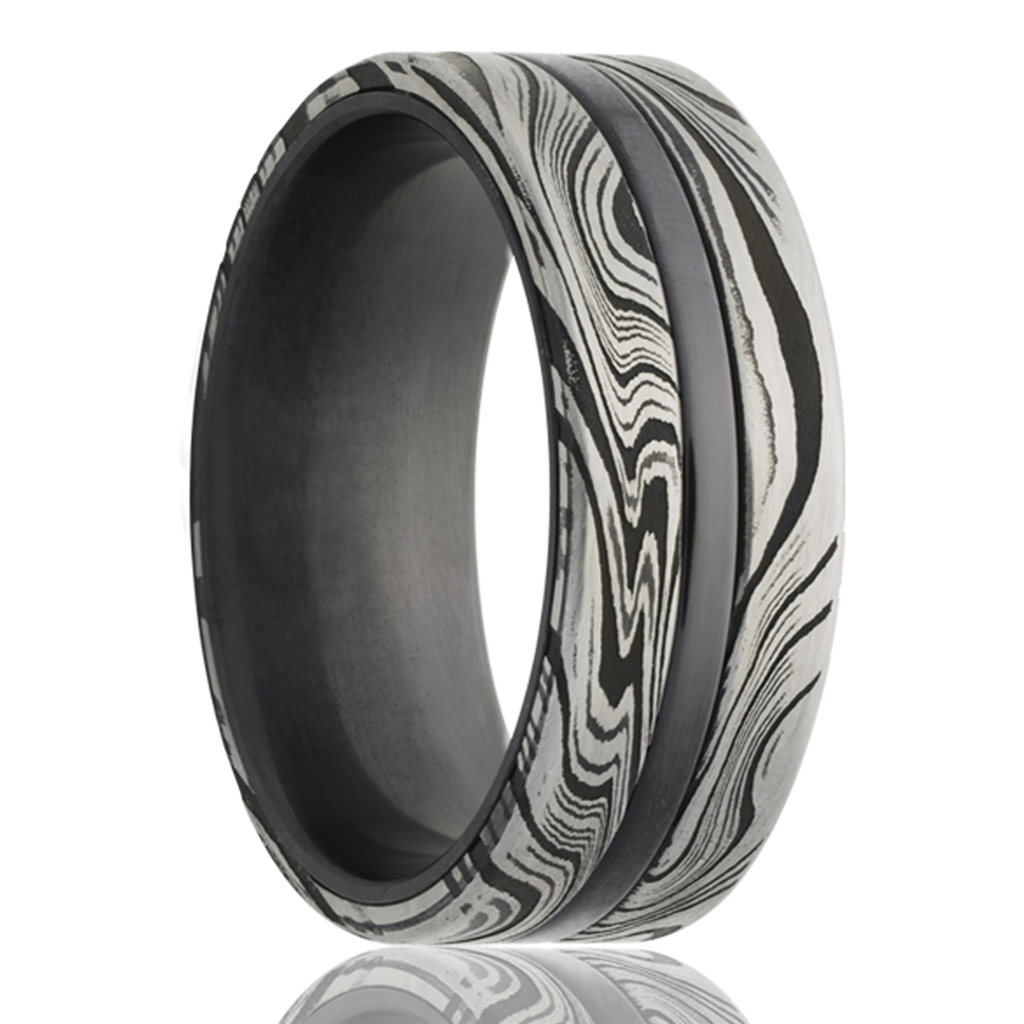 Zirconium Men's Wedding Band with Damascus Steel Inlays
