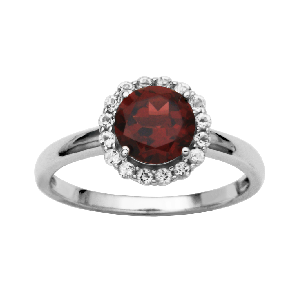 Sterling Silver Garnet & White Topaz Halo Ring by Samuel B.