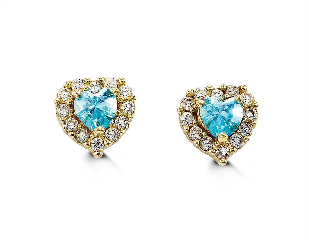 14K Yellow Gold Blue Cubic Zirconia Heart Kid's Stud Earrings