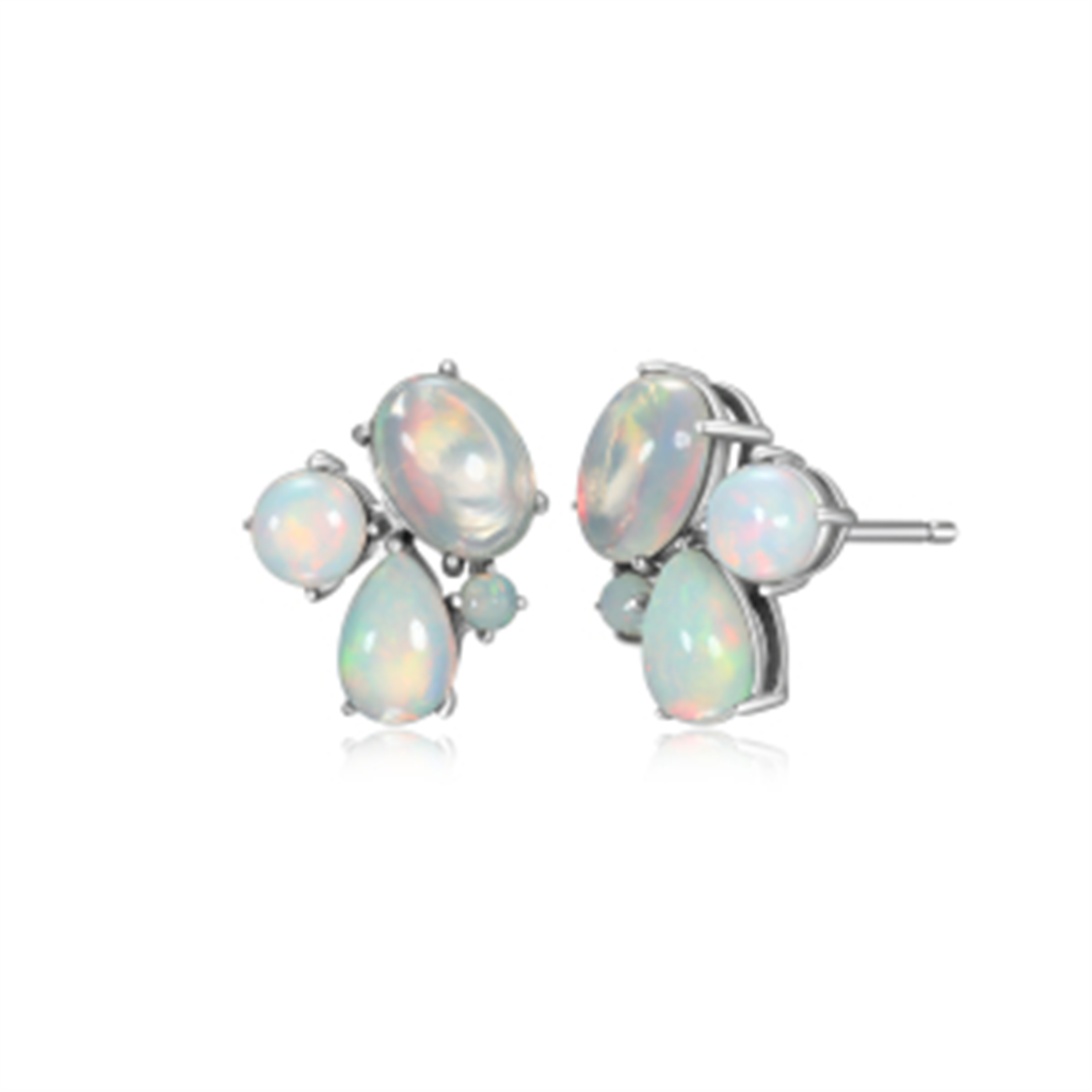 Sterling Silver Rhodium Plated Opal Cluster Stud Earrings
