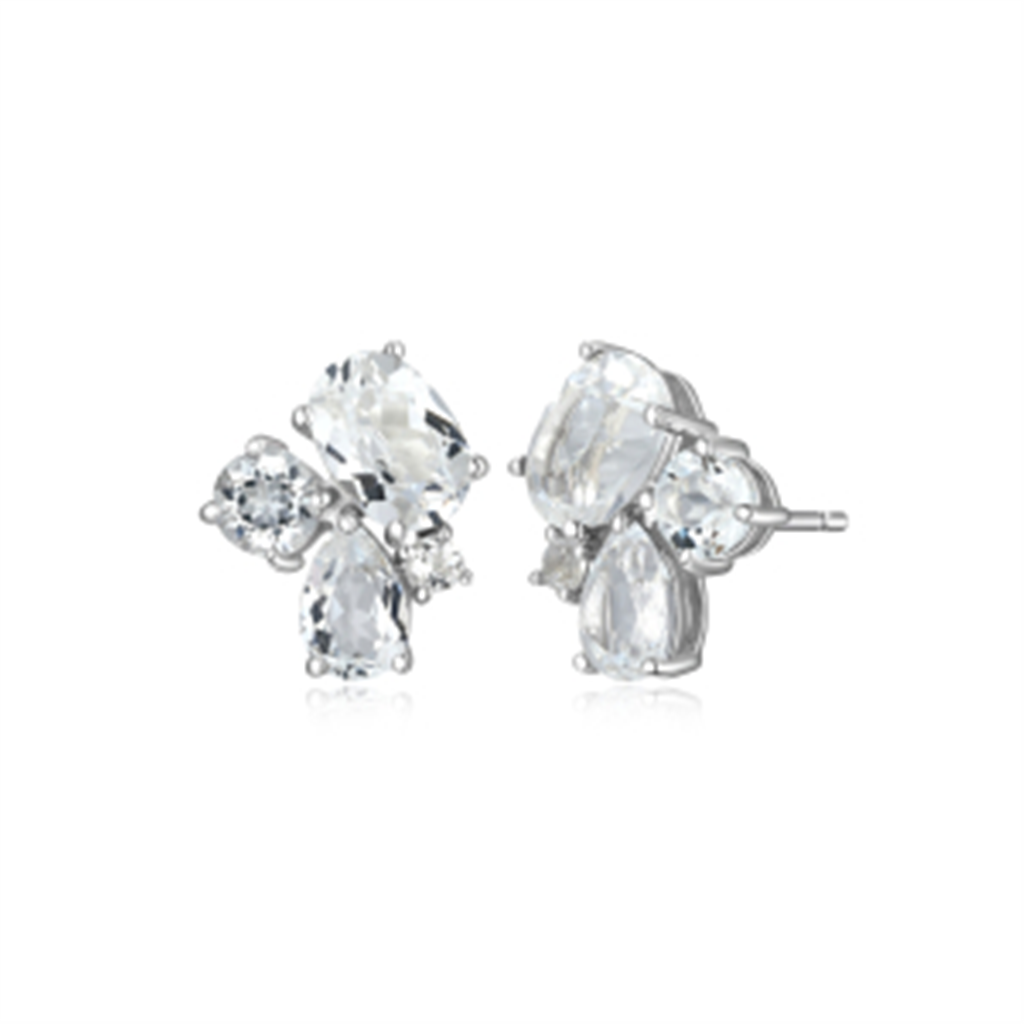 Sterling Silver Rhodium Plated White Topaz Cluster Stud Earrings