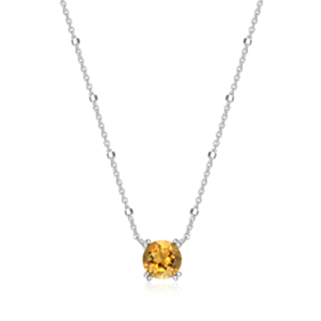 Sterling Silver Rhodium Plated Round Citrine Sparkle Solitaire with 18" Chain