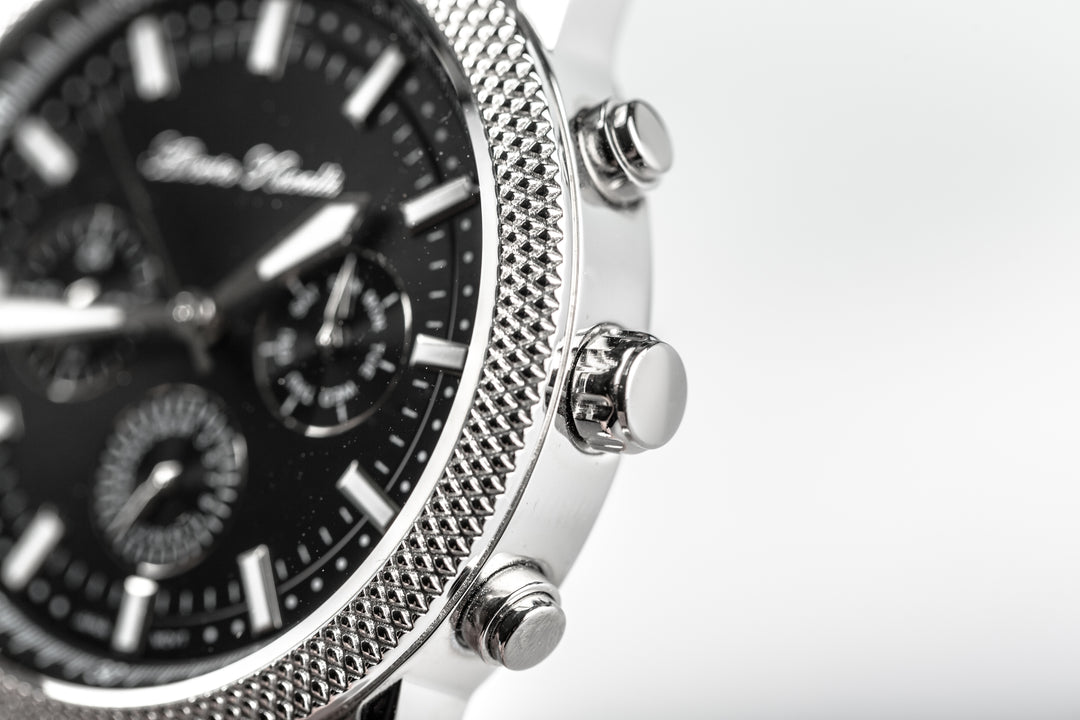 Close-up image of the dials of a chronometer watch