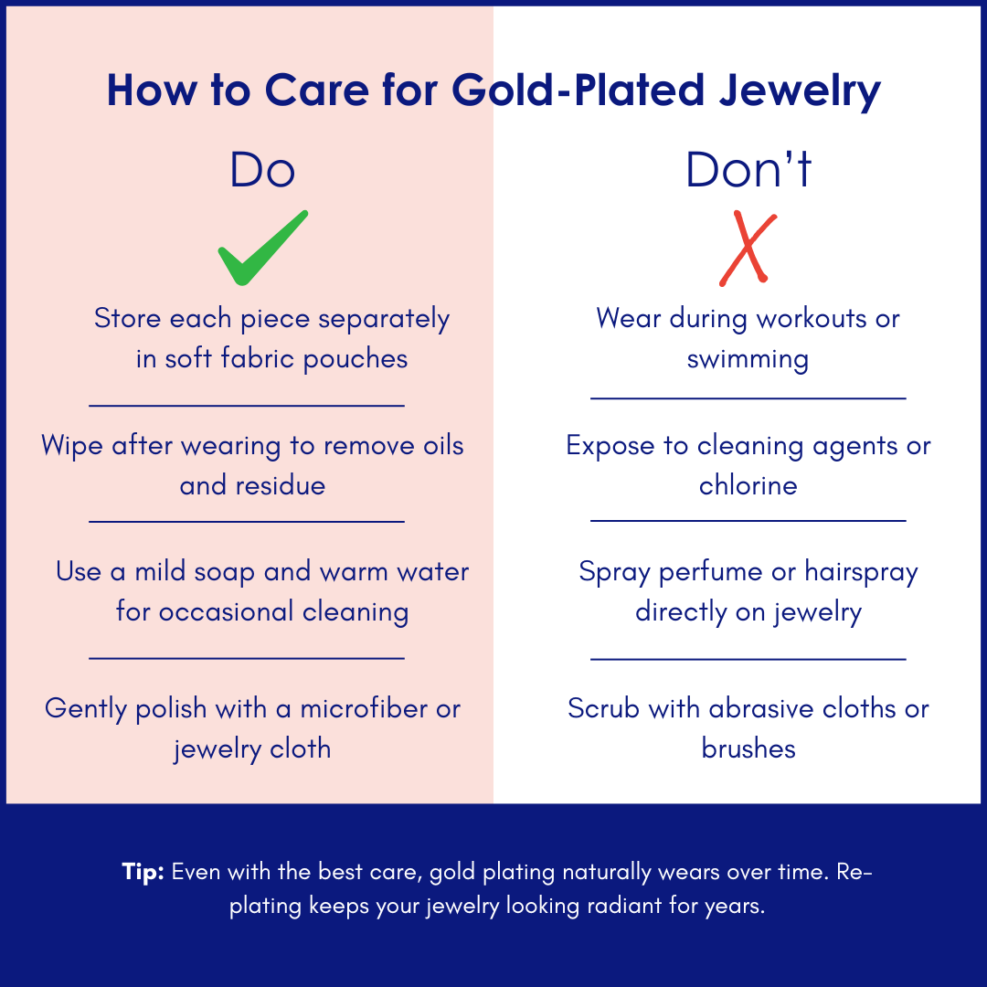 An informational chart giving advice on how to care for gold-plated jewelry in the form of dos and don'ts