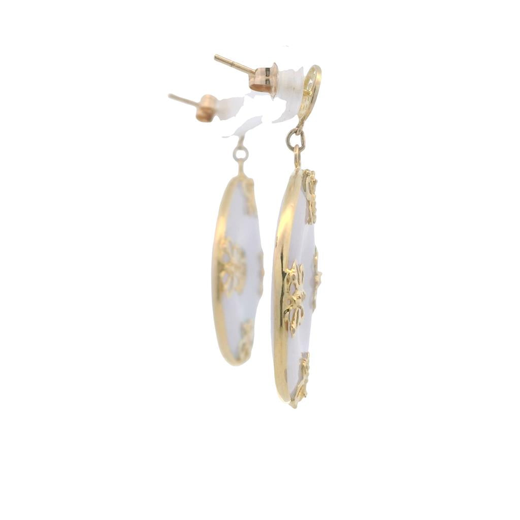 Estate 14K Yellow Gold Purple Jade Disc Drop Earrings - Chinese Symbol & Butterfly Design