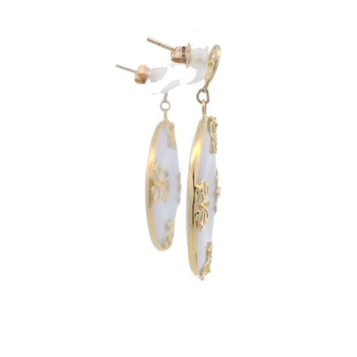 Estate 14K Yellow Gold Purple Jade Disc Drop Earrings - Chinese Symbol & Butterfly Design