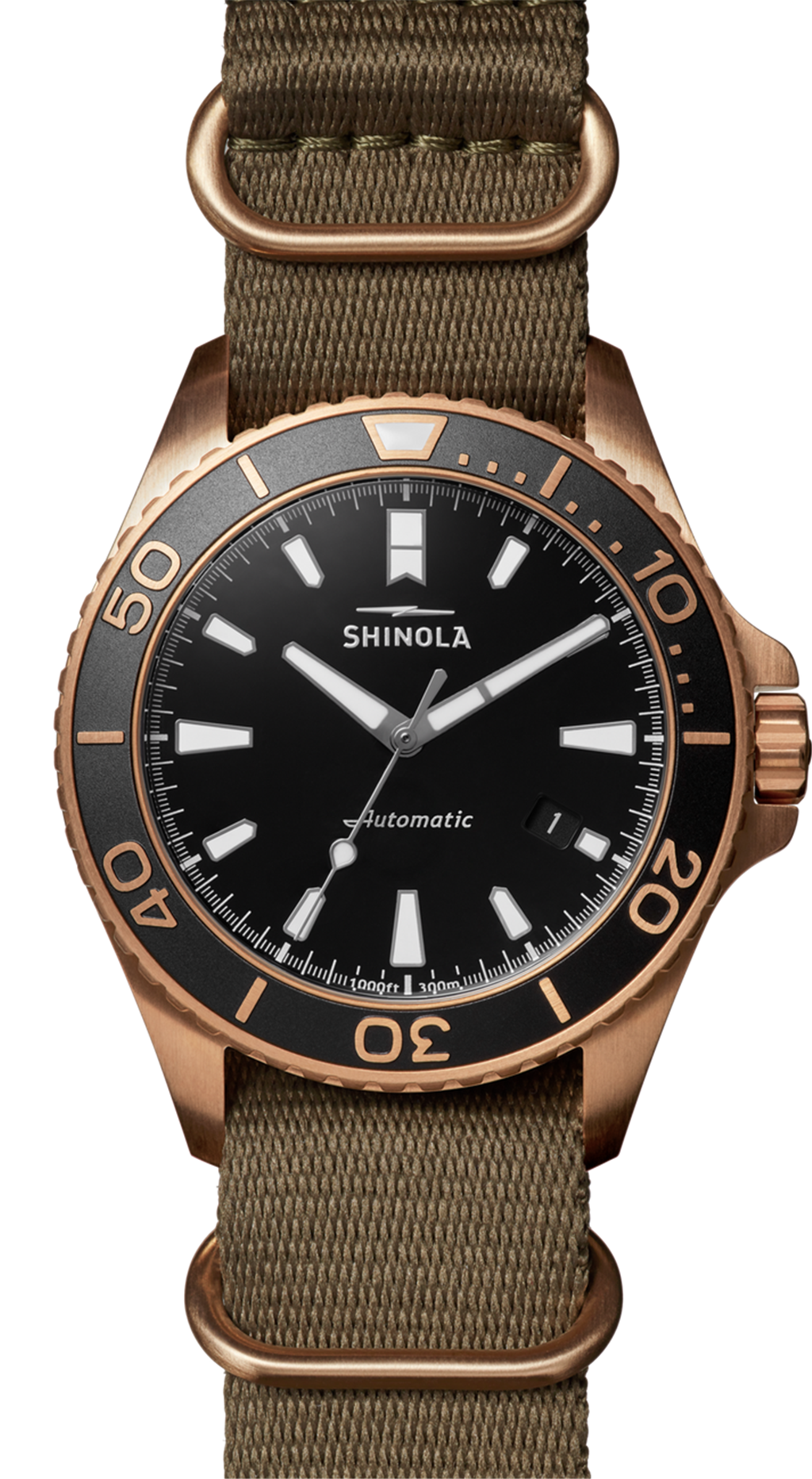 Shinola Monster 43mm Bronze Automatic Black Dial Dive Watch with Leather and Nylon Straps