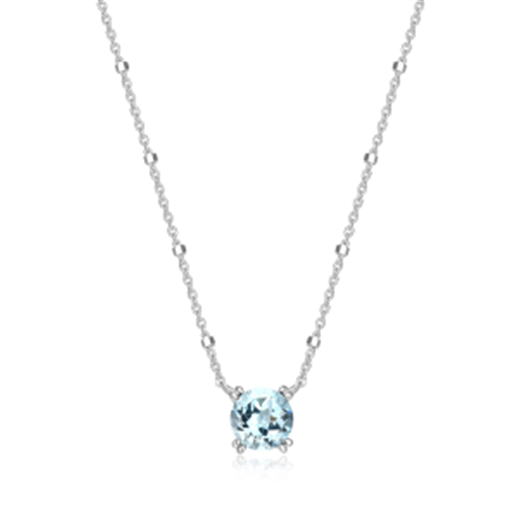 Sterling Silver Rhodium Plated Round Blue Topaz Sparkle Solitaire with 18" Chain