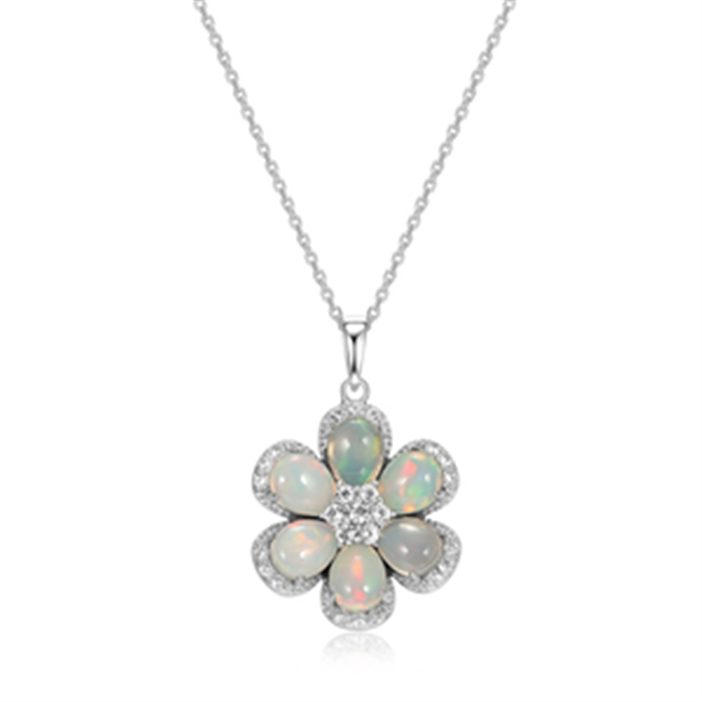 Sterling Silver Rhodium Plated Opal and White Topaz Flower Pendant with 18" Chain