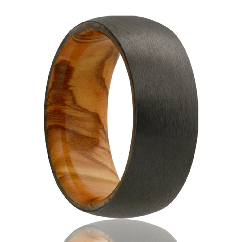 Black Zirconium Men's Wedding Band with Olive Wood Sleeve