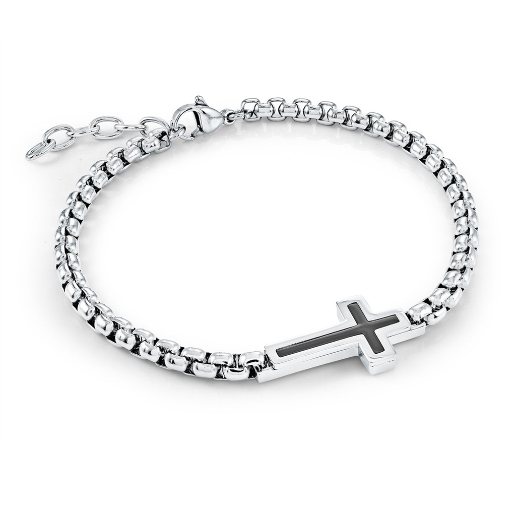 Stainless Steel Black IP Box Link Cross Bracelet