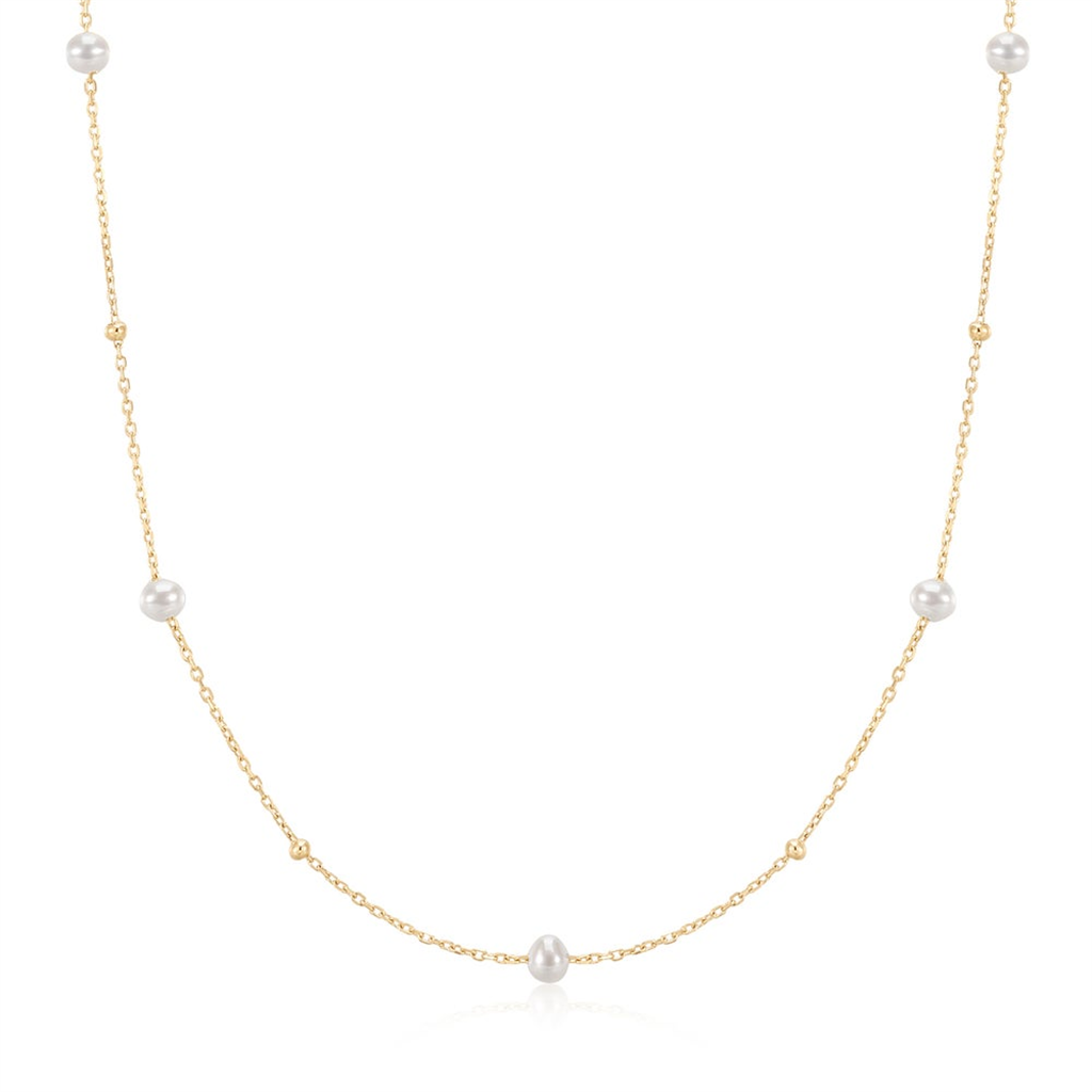 14K Yellow Gold Alternating Bead & Pearl Station Necklace by Aurelie Gi