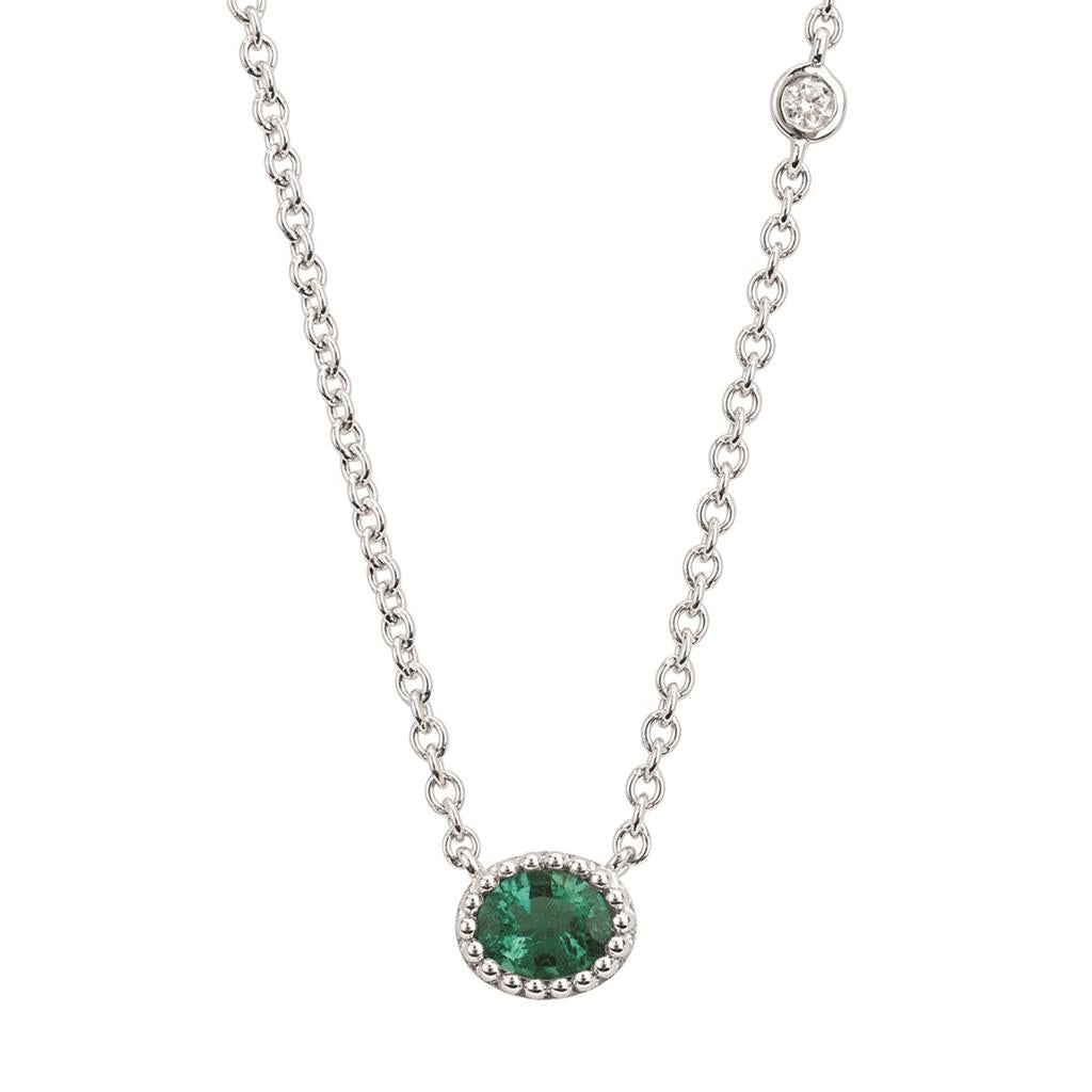 14K White Gold 0.35ctw Oval Emerald & Diamond Necklace