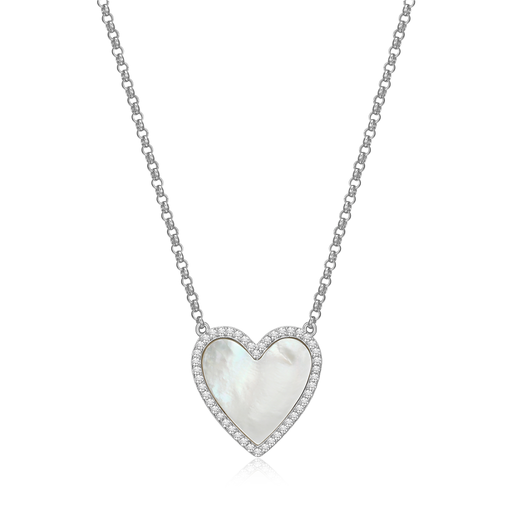 Sterling Silver Rhodium Plated Mother of Pearl Endless Love Heart Necklace 18"