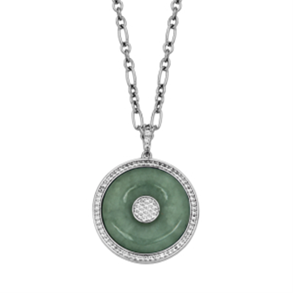Sterling Silver Jade & White Topaz Medallion Drop Necklace by Samuel B.
