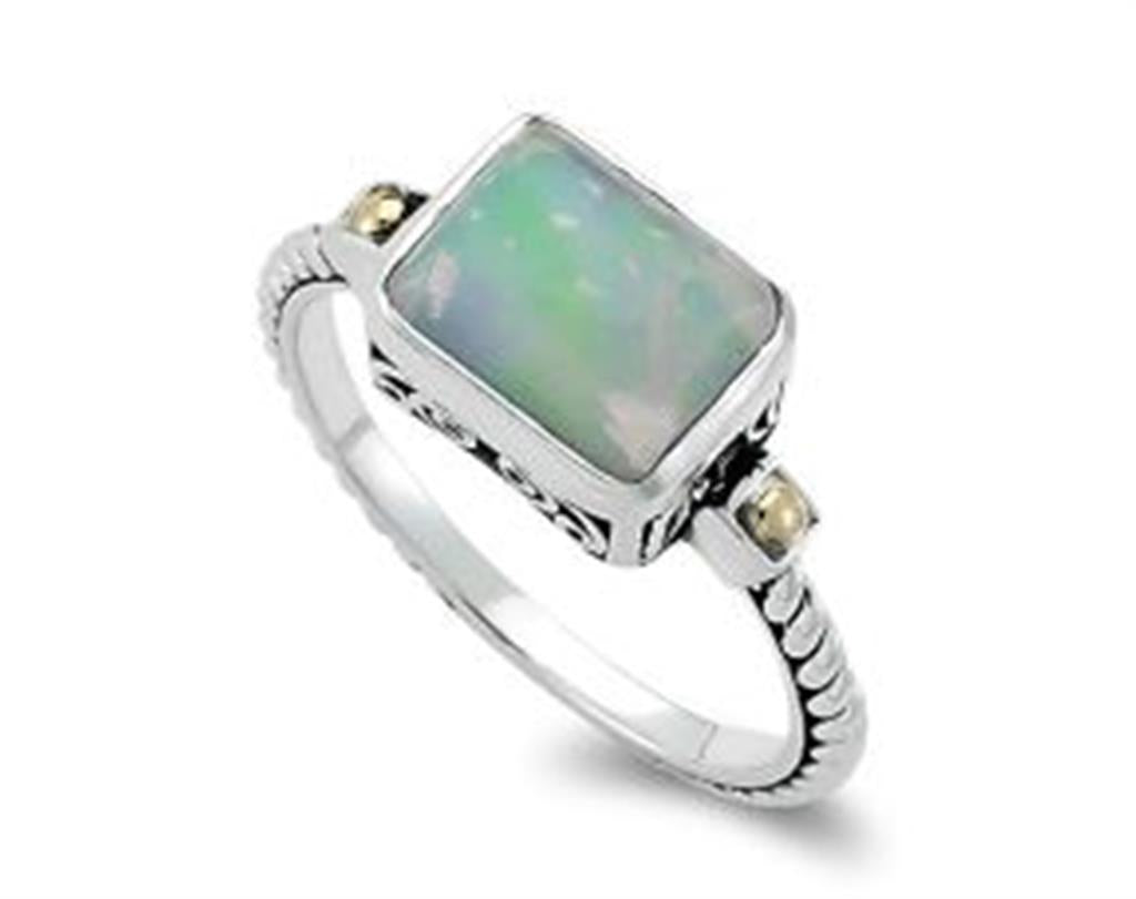 Sterling Silver & 18K Yellow Gold Emerald Cut Opal Solitaire Ring by Samuel B.