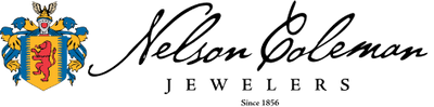 The Nelson Coelman Jeweler's logo with a crest containing a rearing lion and the name written in script in black text next to it