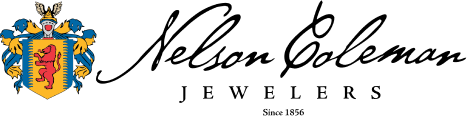 The Nelson Coelman Jeweler's logo with a crest containing a rearing lion and the name written in script in black text next to it