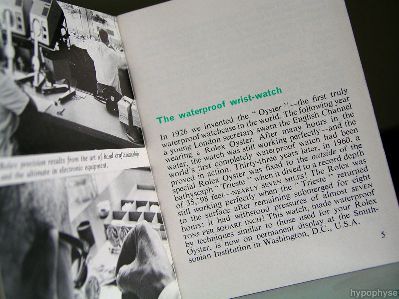 Book page with text about the Oyster waterproof wristwatch and its historical context.