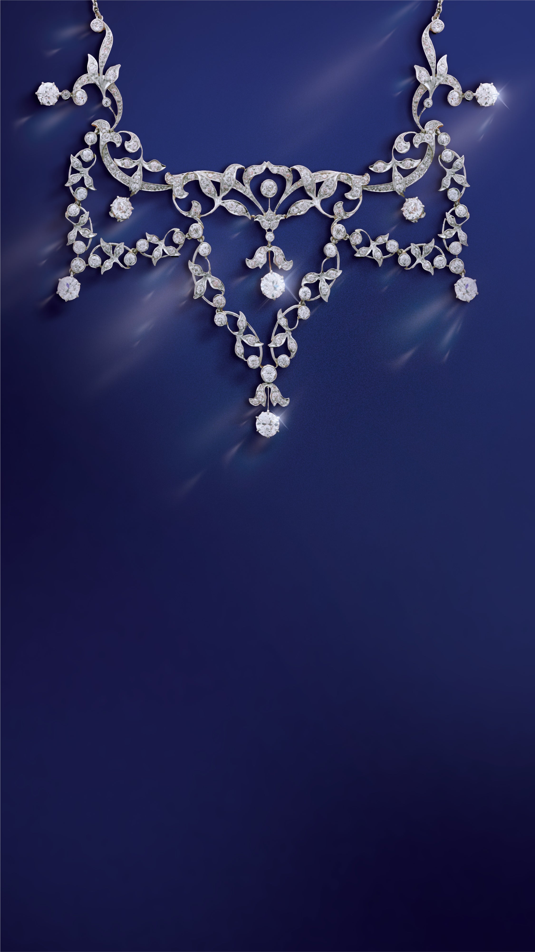 Elegant diamond necklace on a dark blue background