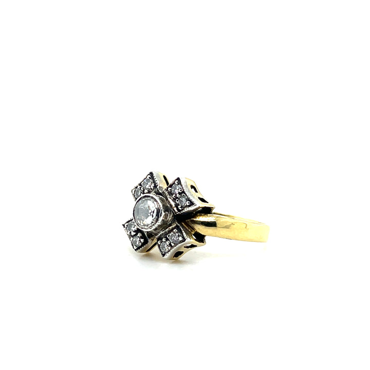 Estate 18k Two Tone Gold 0.53tcw Diamond Flower Motif Ring, Mid Century Dutch Reproduction