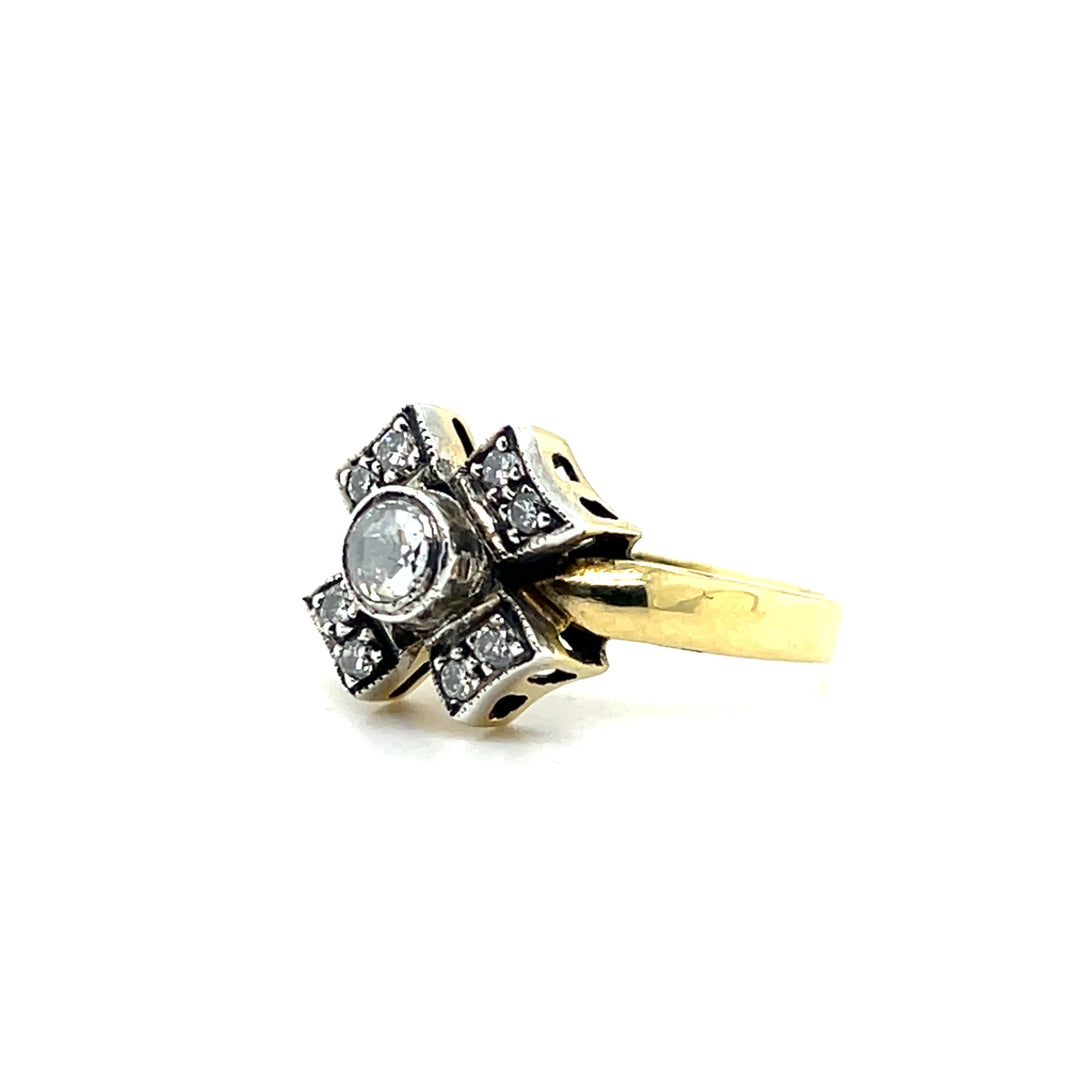 Estate 18K Two Tone Gold 0.53CTW Diamond Flower Vintage Engagement Ring