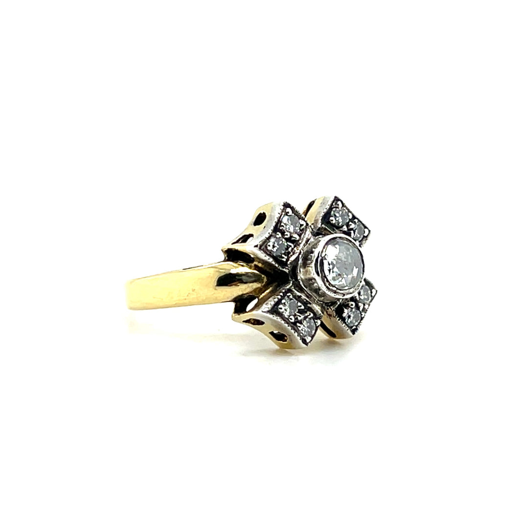Estate 18k Two Tone Gold 0.53tcw Diamond Flower Motif Ring, Mid Century Dutch Reproduction