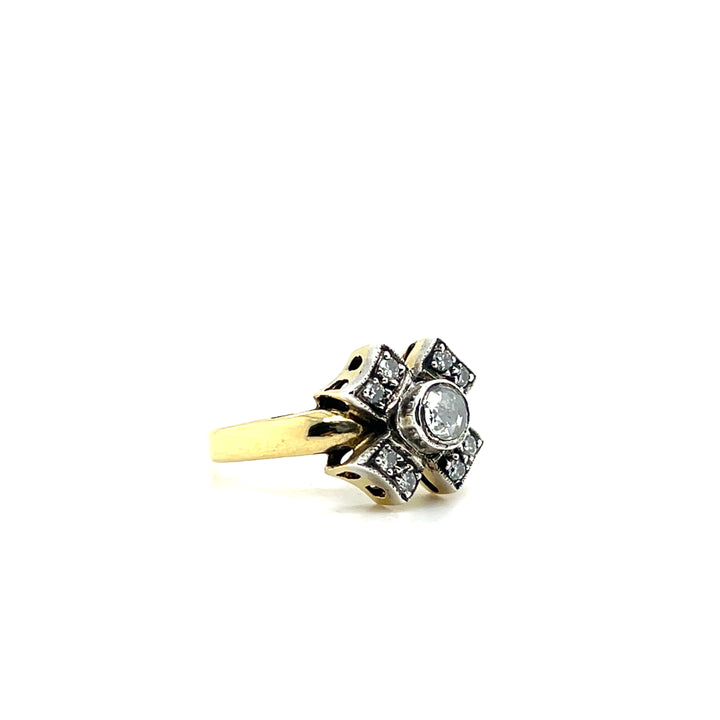 Estate 18k Two Tone Gold 0.53tcw Diamond Flower Motif Ring, Mid Century Dutch Reproduction