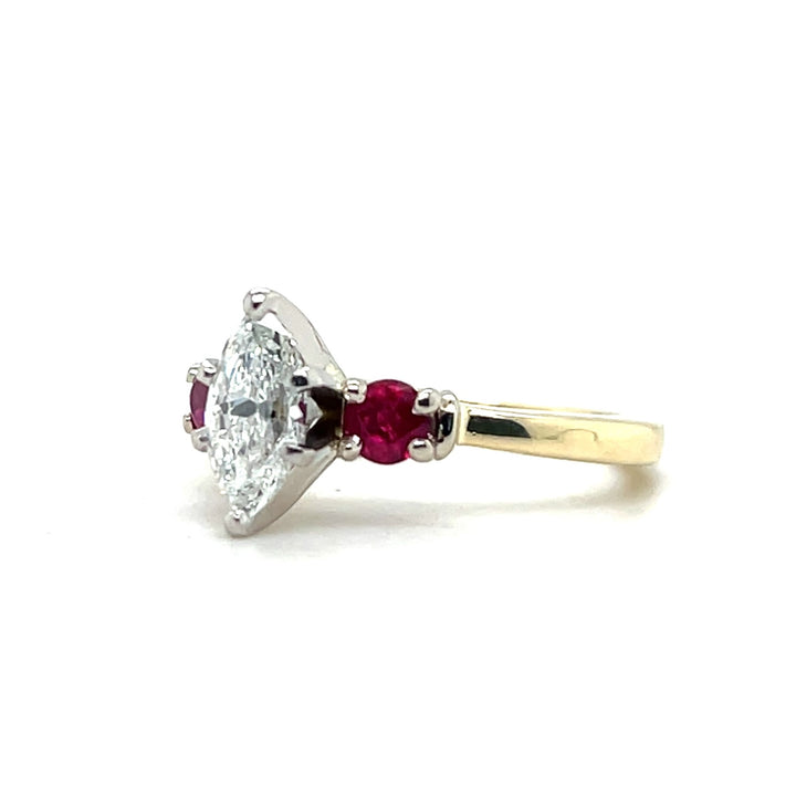 Estate 14K Yellow Gold Marquise Diamond and Ruby Three Stone Engagement Ring