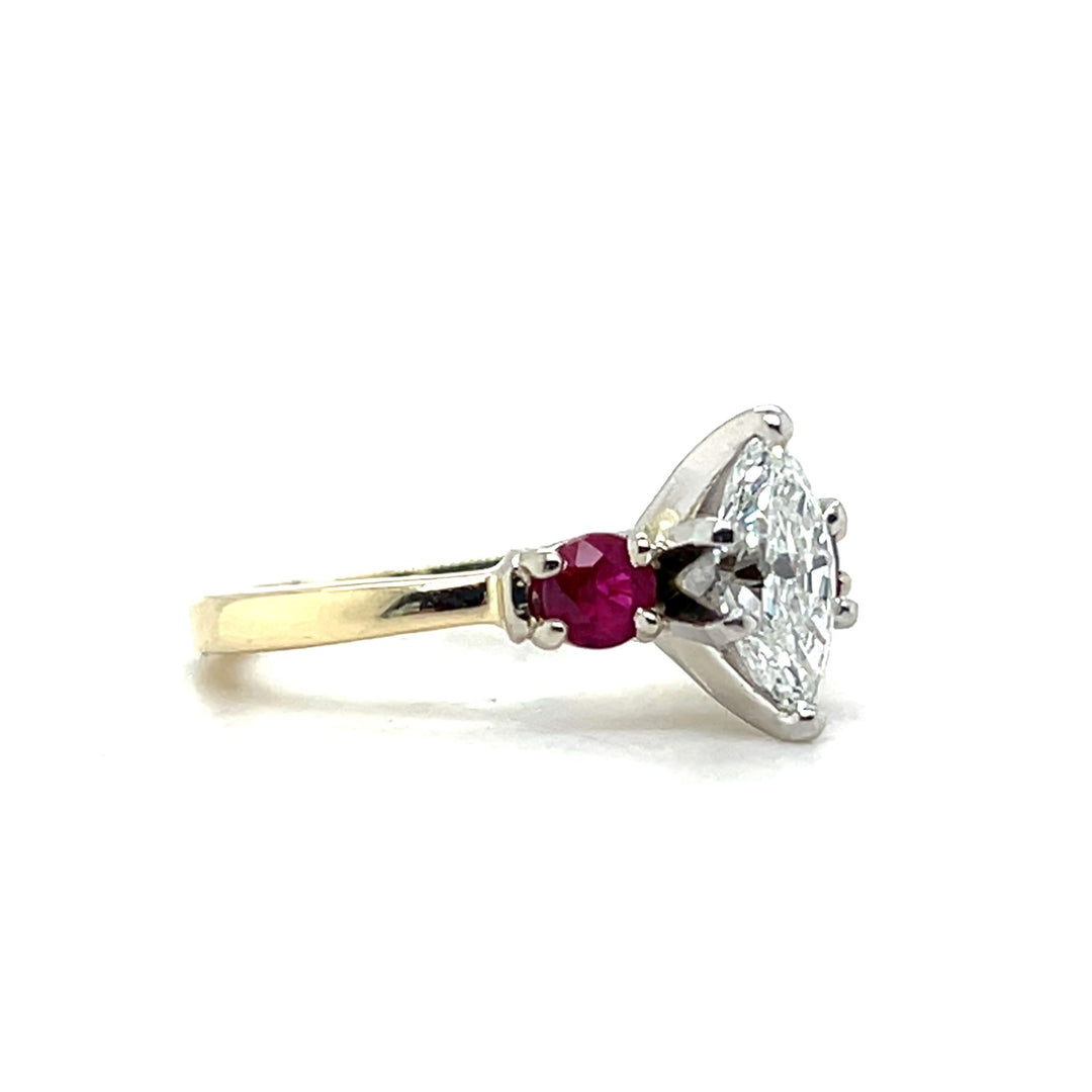 Estate 14K Yellow Gold Marquise Diamond and Ruby Three Stone Engagement Ring