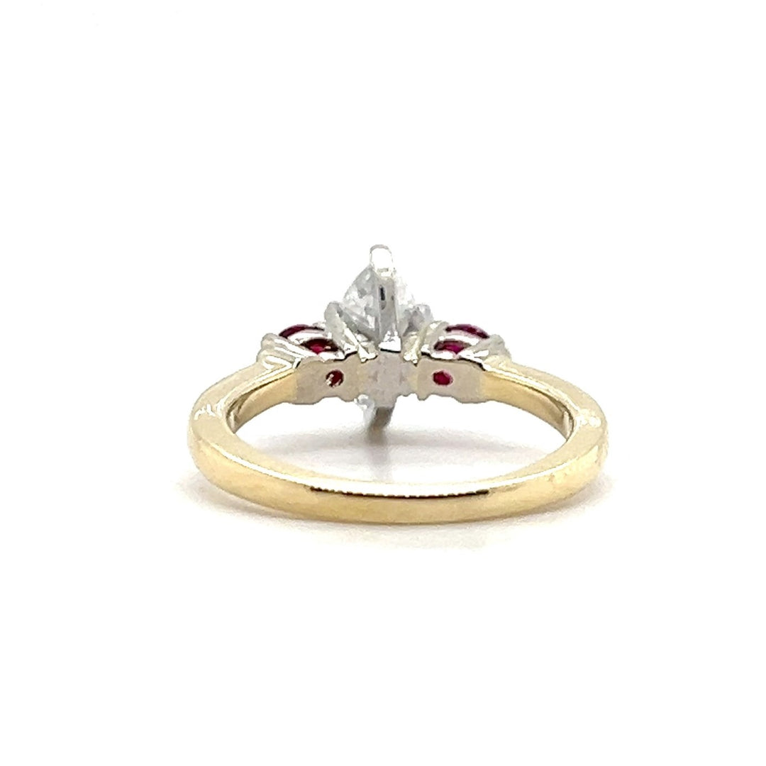 Estate 14K Yellow Gold Marquise Diamond and Ruby Three Stone Engagement Ring