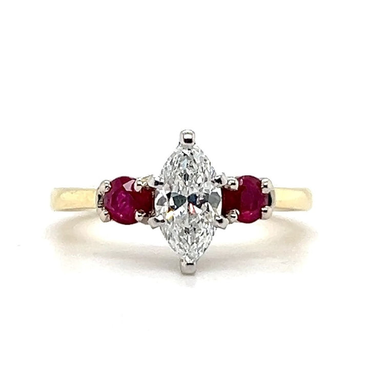 Estate 14K Yellow Gold Marquise Diamond and Ruby Three Stone Engagement Ring