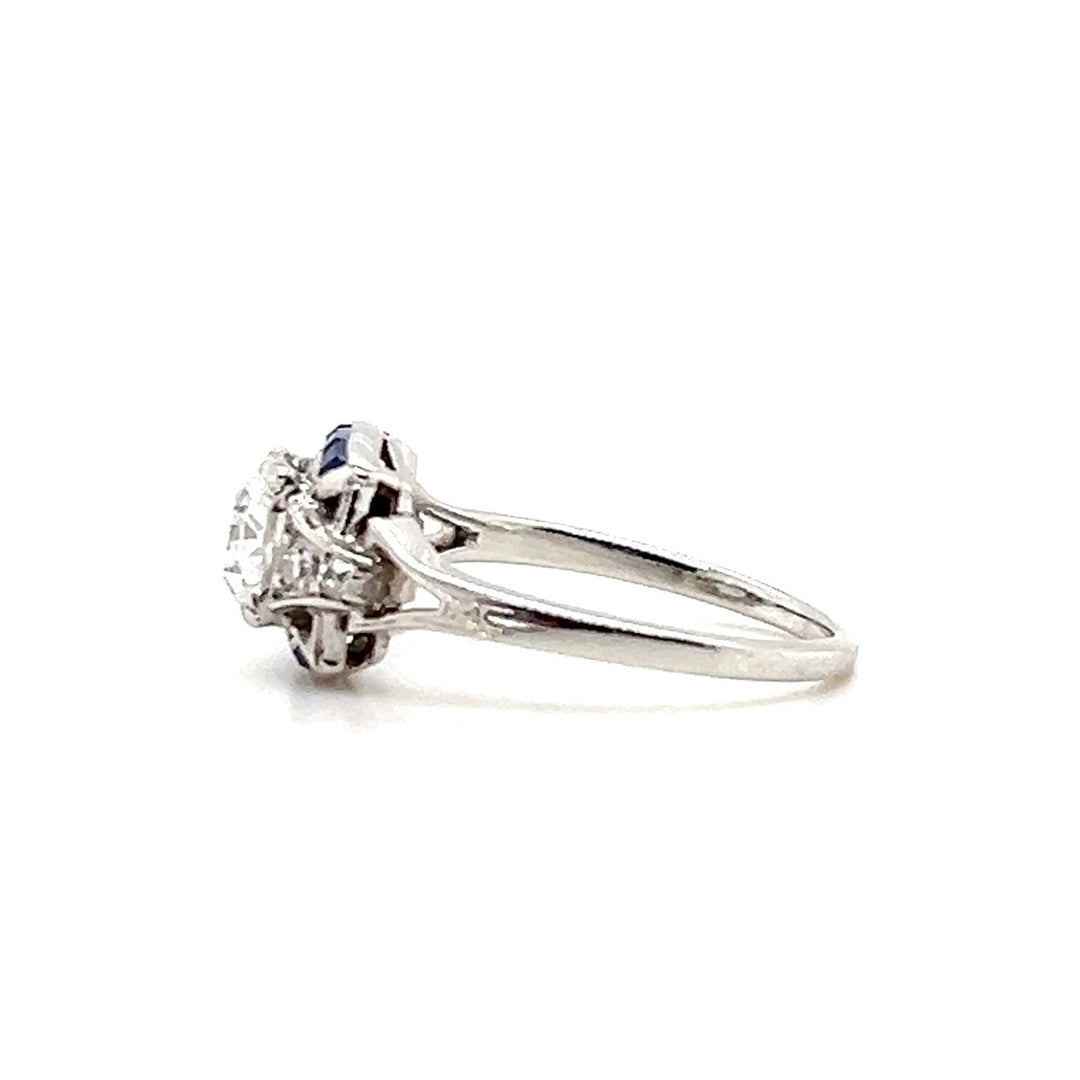 Estate Platinum Old Mine Cut Diamond & Synthetic Blue Sapphire Art Deco Engagement Ring