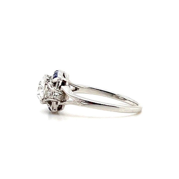 Estate Platinum Old Mine Cut Diamond & Synthetic Blue Sapphire Art Deco Engagement Ring