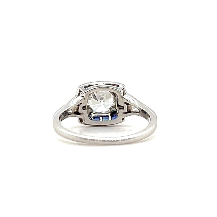 Estate Platinum Old Mine Cut Diamond & Synthetic Blue Sapphire Art Deco Engagement Ring