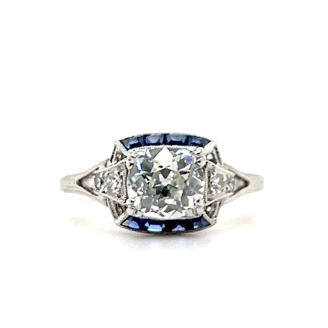 Estate Platinum Old Mine Cut Diamond & Synthetic Blue Sapphire Art Deco Engagement Ring