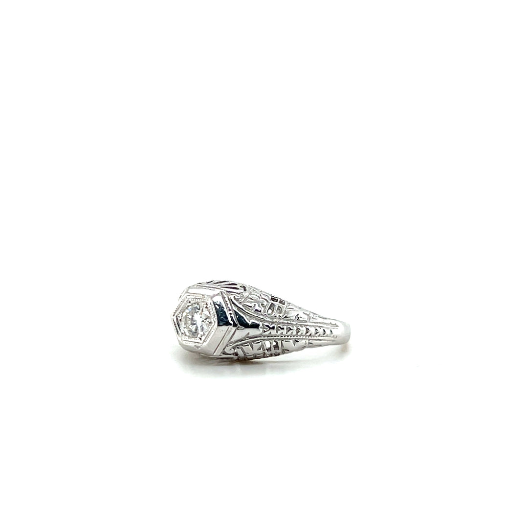 Estate 14KT White Gold Openwork Art Deco Diamond Engagement Ring with Hexagon Setting