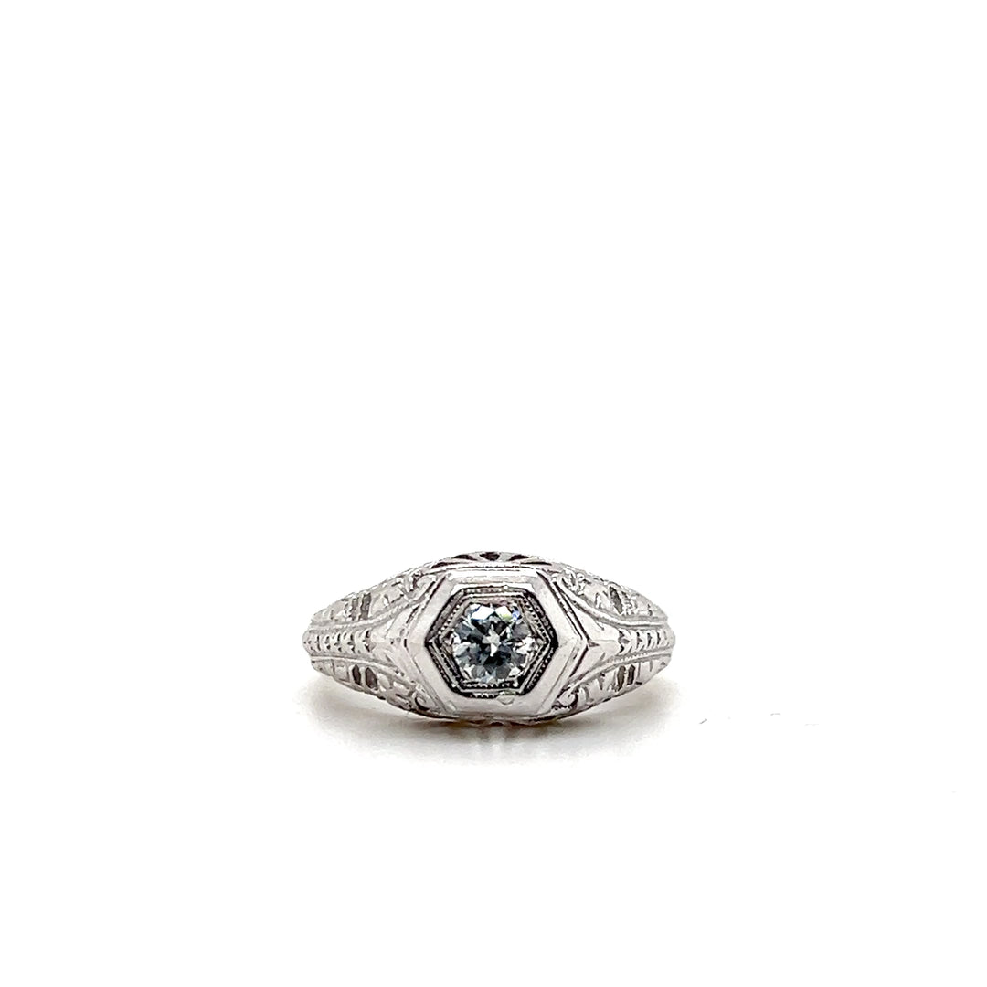 Estate 14KT White Gold Openwork Art Deco Diamond Engagement Ring with Hexagon Setting
